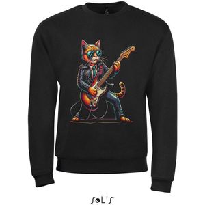 Hoodie 3-169 Kat speelt Gitaar Zwart - Zwart, L