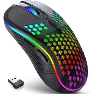 Taajirun - Muis Draadloos - Game Muis - met RGB-achtergrondverlichting - 6 knoppen verstelbaar - Rgonomisch ontworpen - Honingraatstructuur - Oplaadbare gamingmuis - geschikt voor laptop, pc, desktop - Zwart