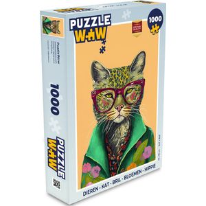 Puzzel Dieren - Kat - Bril - Bloemen - Hippie - Legpuzzel - Puzzel 1000 stukjes volwassenen