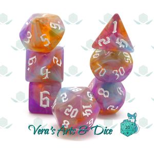 Gothic Eridium | Polyset Dice | Dobbelstenen - Set Van 7 Stuks - Transparant met Wolken Paars, Oranje, Blauw en Wit met Gouden Cijfers | Polydice | D&D en Rollenspellen | Plastic | Dungeons and Dragons | Polyhedral | Zwarte Velvet Dice Bag 3 Sets