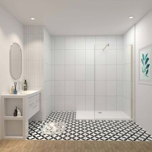 140x200cm inloopdouche, 8 mm helder easy-clean gehard glas, stabilisatiestang 140cm (kan worden gesneden), goud.