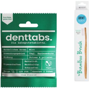 Denttabs Mint Tandpasta Tabletten - Met Fluoride - Milieuvriendelijke Gebitsverzorging - Composteerbare Tabs - Zacht Polijsten - Vegan Bamboo Borstel