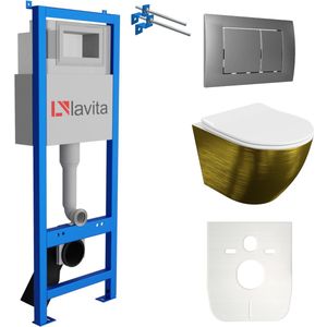 LAVITA® Inbouwreservoir Complete Toiletset LAV 101 - Inbouw WC Hangtoilet Wandcloset SOFI SLIM BRUSHED GOLD - Bedieningsplaat 200.1.3 Satin - Voorwandelement voor toilet 40cm - Installatiesysteem