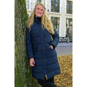 Lange dames winterjas - Gewatteerd en getailleerd - Donkerblauw - Maat XL (42)