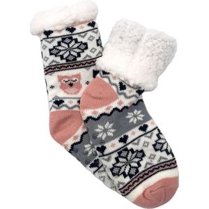 Merino Wollen sokken - Wit grijs met uiltjes - maat 35/38 - Huissokken - Antislip sokken - Warme sokken – Winter sokken