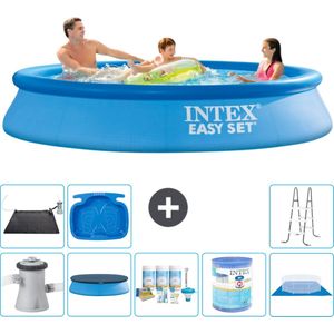 Intex Rond Opblaasbaar Easy Set Zwembad - 305 x 61 cm - Blauw - Inclusief Pomp Afdekzeil - Onderhoudspakket - Filter - Grondzeil - Solar Mat - Ladder - Voetenbad