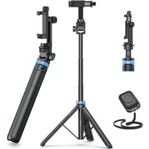 Sounix Telefoon Statief - SelfieStick Tripod met Bluetooth Afstandsbediening - tot 158 cm hoog - Tripod Smartphone - Action Camera Statief - Blauw/Zwart