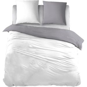 Snoozing Two Tone - Flanel - Dekbedovertrek - Eenpersoons - 140x200/220 cm + 1 kussensloop 60x70 cm - Wit/Grijs