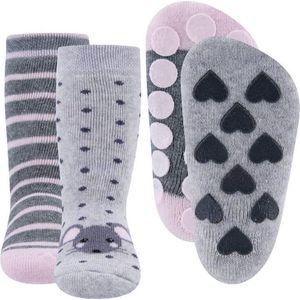 Dubbelpak Antislipsokken met Noppen - Grijs met muisje en Grijs met strepen - 16/17