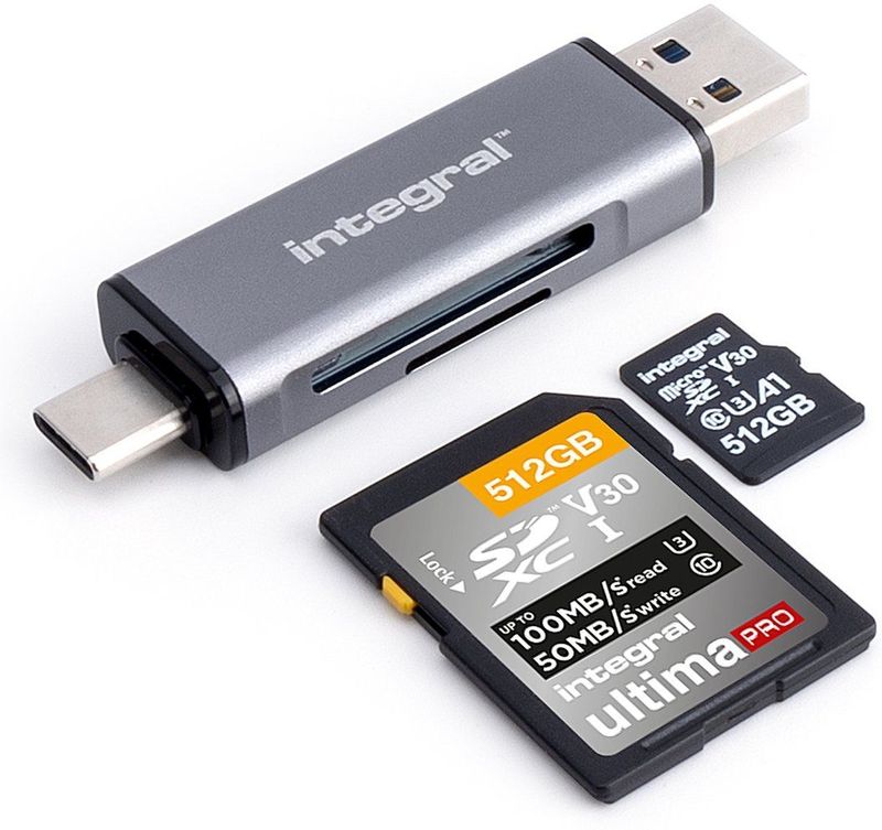 Integral - MicroSD en SD Geheugenkaartlezer Adapter - Dual End USB 3.0 en USB C