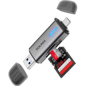 Sounix SD Kaart lezer USB C - USB 3.0 Card Reader - OTG Kaartlezer - Met LED indicatoren - High Speed Cardreader voor SD/Micro SD - Geschikt voor Telefoon, PC en Tablet - Aluminium