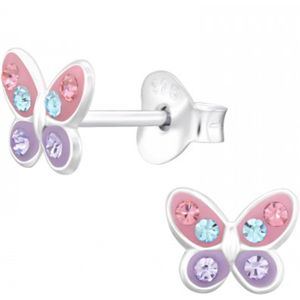 Oorbellen meisje | Oorbellen kind | Zilveren oorstekers, vlinder met roze en paarse vleugels en kristallen