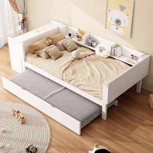 90x200cm - plat bed - met uitschuifbaar bed - met bureau - drie planken aan de zijkant van het bed - wit