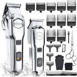 Hatteker Professionele Tondeuse Set voor Heren – Baardtrimmer & Haartrimmer – Met Schaar & Kapperscape – IPX7 Waterdicht – USB Oplaadbaar – T-Blade Trimmer(Zilver)