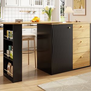 Pugsdrly Uitschuifbare bartafel met opbergruimte (138-204 × 39 × 104 cm), 360° draaibaar tafelblad, moderne en verplaatsbare bartafel, hoge keukentafel, bistrotafel, buffetkast met houtnerf