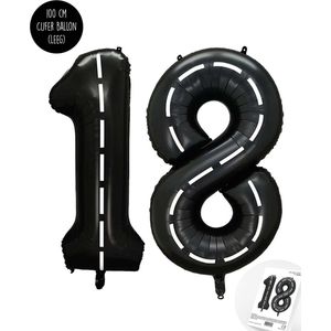 Cijfer Helium Folie Ballon XXL - 18 jaar cijfer - Zwart - Wit - Race Thema - Formule1 - 100 cm - Snoes