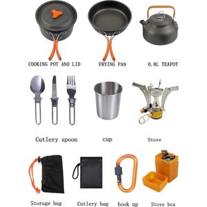 HandyHaven® - Camping Kookset - Lichtgewicht - Kookset - Camping - Opvouwbaar - Gemakkelijk mee te nemen - Oranje - Backpakken - Antiaanbaklaag - 2-3 personen - Bestek - Pannen - Fluitketel - Stoof - Opvouwbaar