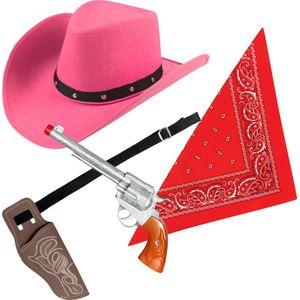 Carnaval verkleeds set cowboyhoed Billy - roze - rode hals zakdoek - holster met revolver