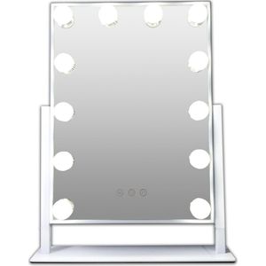 Witte metalen Make-up hollywood LED spiegel, 12x dimbare LED bulbs. 3 kleuren licht