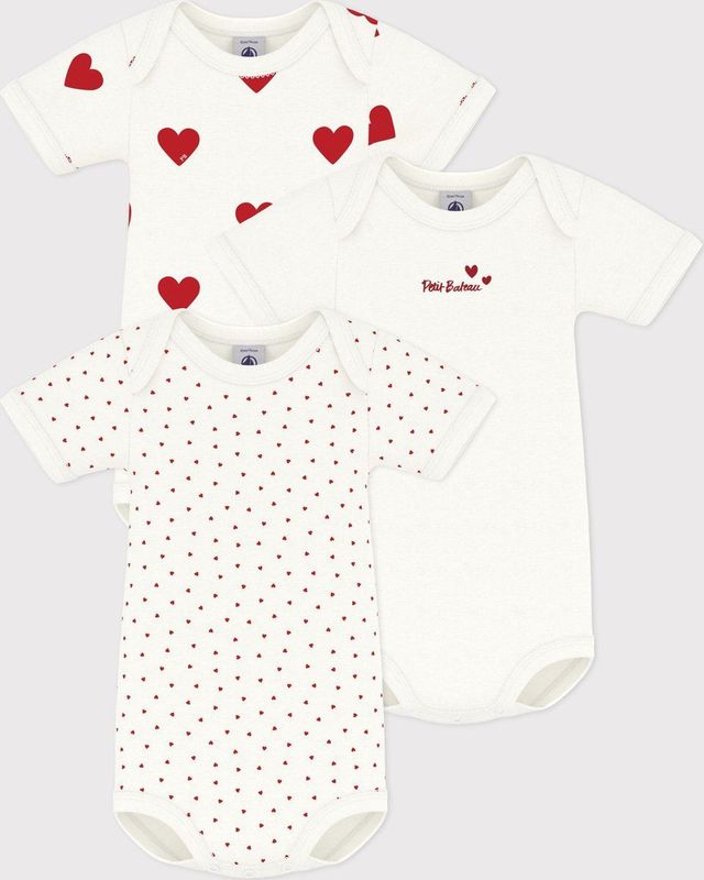 Petit Bateau Set van 3 katoenen body's met korte mouwen en hartjes Meisjes Rompertje - Wit;Rood