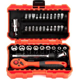 Dopsleutelset 35 delige , in praktische rode koffer, met ratel en dopsleutels