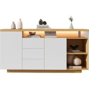 Merax Multifunctioneel Dressoir met LED-verlichting - 140 cm - Wit en Houtlook - 2 Deuren - 3 Lades - 2 Open Vakken