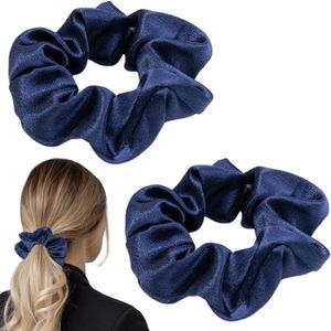 Titel: Zijden Scrunchie Haarelastiekjes Dames 2 Stuks - Satijnen Ringen Dik Elastisch - Haarspeldjes Donkerblauw