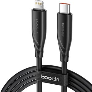 Toocki Oplaadkabel 'Fast Charging' - USB-C naar Lightning - 20W 3A Snellader - Power Delivery - 2 Meter - voor Apple iPhone 8/X/XS/XR/11/12/13/14/SE, iPad, AirPods, Watch - Tot 3 Keer Sneller - Sterker snoer van TPE-Rubber - Apple Carplay - ZWART