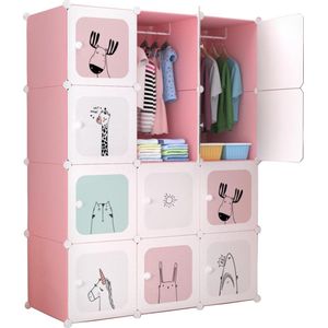 Kinderen Modulaire Kledingkast - Rekken Kindergarderobe Organizer Opbergrek Thuis - 12 modules 140x105 cm Roze