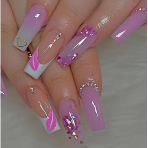 Nep nagels - Plak nagels - 24 stuks - Coffin shape - Roze wit kus - Kunstnagels - Press on nails - Almond shape nails - Lange nagels - Fake nails