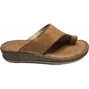 Manlisa 4 cm hoogte lederen comfort teen slippers S207-1880 Camel mt 36