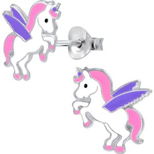 Joy|S - Zilveren eenhoorn oorbellen - met paarse vleugeltjes - 10 x 13 mm - unicorn oorknoppen