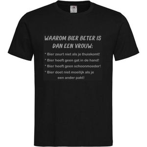 T-shirt Unisex Volwassenen Lol - carnaval - kermis - feestje - grappig - humor - Tekst ""Waarom bier beter is dan een vrouw"" | korte mouw | Zwart/grijs | maat M