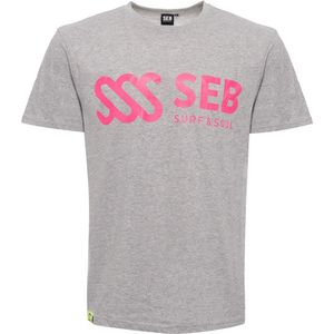 SEB Tee Grey - Pink Logo | T shirt heren - Grijs - Neon - Organisch katoen