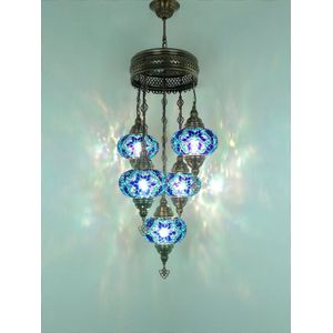 5 globe bollen Turkse hanglamp Oosterse kroonluchter blauw mozaïek glas