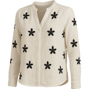 Suzzy & Milly Crèmekleurige Blouse – Blouse met Zwarte Geborduurde Bloemen - S