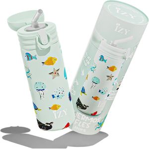 IZY Drinkfles - Kinderbeker - Groen - Inclusief donatie - Waterfles met Rietje - Thermosbeker - RVS - 6 uur lang warm - 350 ml