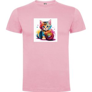 Zacht Roze T-Shirt met “ Kleurrijke Kitten met bol wol “ Print Full Color Maat S
