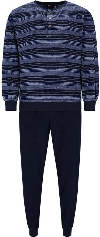 Donker blauwe badstof herenpyjama Hajo - Blauw - Maat - 48