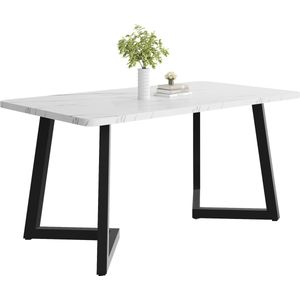 Ojiuboo-Moderne eettafel met marmerpatroon, metalen frame, gouden ijzeren poten, geschikt voor eetkamer, keuken en woonkamer, wit/zwart, 117x68cm