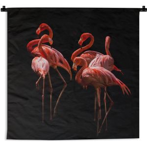 WandkleedDieren - Groep flamingo's op een zwarte achtergrond Wandkleed katoen 90x90 cm - Wandtapijt met foto
