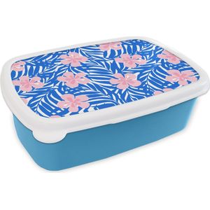 Broodtrommel Blauw - Lunchbox - Brooddoos - Hawaii - Bloesem - Tropisch - Patronen - 18x12x6 cm - Kinderen - Jongen