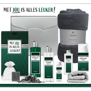 Geschenkset ""Met Jou Is Alles Leuker!"" - 9 Producten - 1325 Gram | Giftset voor hem - Luxe cadeaubox man - Douchegel - Bodylotion - Scrubzout - Vaderdag - Verjaardag - Wellness - Pakket - Cadeau set - Vader - Broer - Vriend - Collega - Groen