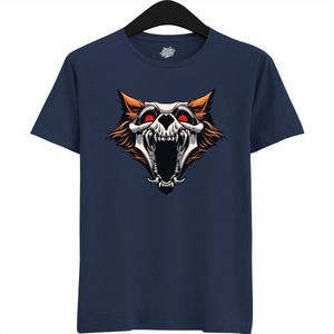 Furry Skull Dog - Halloween Hellhound Wolf Dames / Heren Unisex T-shirt - Grappig Hond Kostuum Shirt Idee Voor Volwassenen - T-Shirt - Unisex - Navy Blauw - Maat XXL