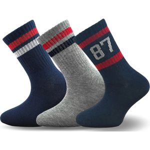 3 Paar sportieve kindersokken - Strepen - Marineblauw/Grijs - Maat 27-30