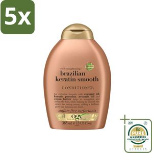 5 x OGX - Brazilian Keratin Smooth - Conditioner - Gladmakend - Herstellend - 385 ml - Grootverpakking - Keratine Conditioner - Haar Verzorging - Haar Herstel - Pluisvrij Haar - Droog Haar Verzorging