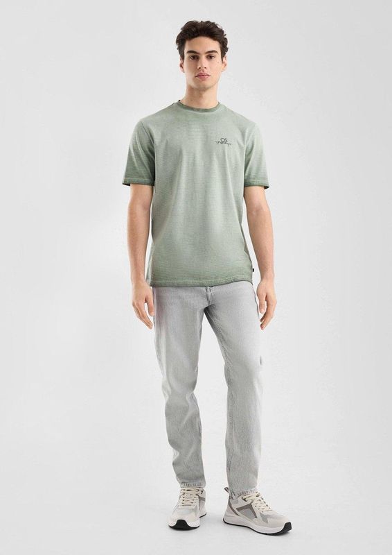 T-shirt - Gewassen Gestreept - Normale Pasvorm - Katoenmix