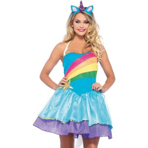 Wonderland - Eenhoorn Kostuum - Wonderland Rainbow Unicorn - Vrouw - Blauw - Small / Medium - Carnavalskleding - Verkleedkleding