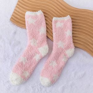 Fluffy sokken dames - warm - roze - zalm - leuke print sterren - 36-40 - huissokken - extra zacht - cadeau - voor haar