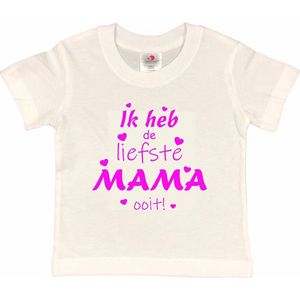 T-shirt Kinderen ""Ik heb de liefste mama ooit!"" Moederdag | korte mouw | Wit/Fluor pink | maat 122/128